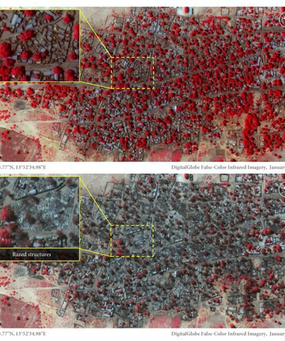 Die Satellitenbilder zeigen die Ortschaft Doron Baga vor und nach den Angriffen durch Boko Haram und belegen die massive Zerstörung. | © DigitalGlobe