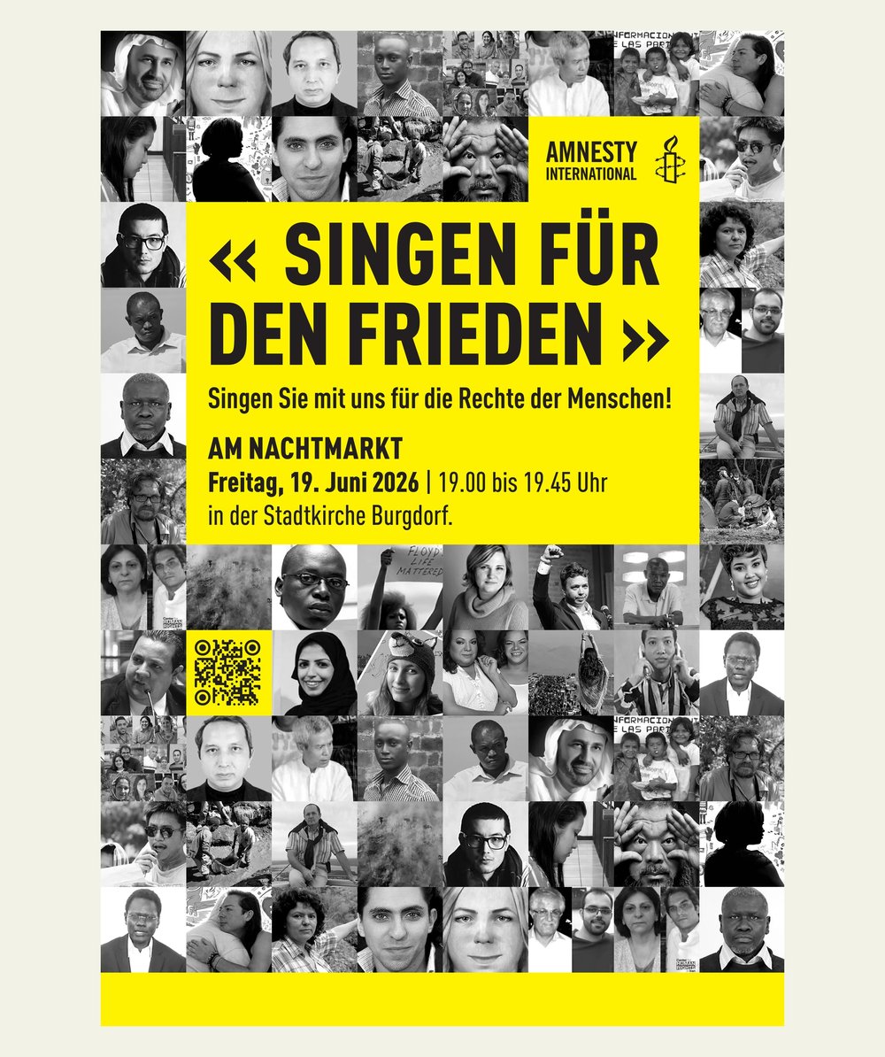 Plakat Singen für den Frieden in Burgdorf mit einer Collage von Portraits verschiedenster Menschen