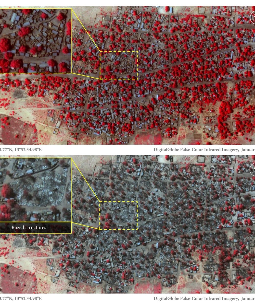 Les images montrent le village de Doro Baga avant et après les attaques du groupe et illustrent la terrible ampleur des destructions. © DigitalGlobe