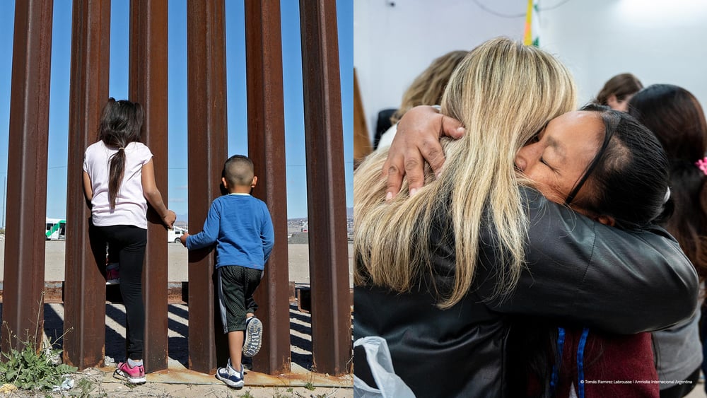 Zwei Bilder nebeneinander. Das erste zeigt Kinder vor dem Zaun, der Mexiko von den USA trennt, und das zweite zwei Menschen, die sich bei ihrem Wiedersehen umarmen.
