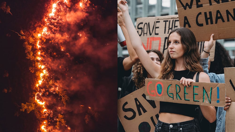 Zweiteiliges Kampagnenbild: Links eine brennende Landschaft von obe gesehen, rechts junge Frauen an einer Demo mit Transparenten für mehr Klimaschutz.