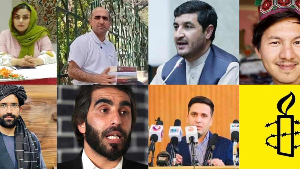 Verhaftet, weil sie sich erlaubten, ihre Meinung zu äussern: oben v.l.n.r. : Narges Sadat; Zekria Asoli; Qais Khan Wakili; Mortaza Behboudi. unten v.l.n.r. : Muhammad Yar Majroh; Ismail Mashal; Fardin Fedayee. © Amnesty International / Private