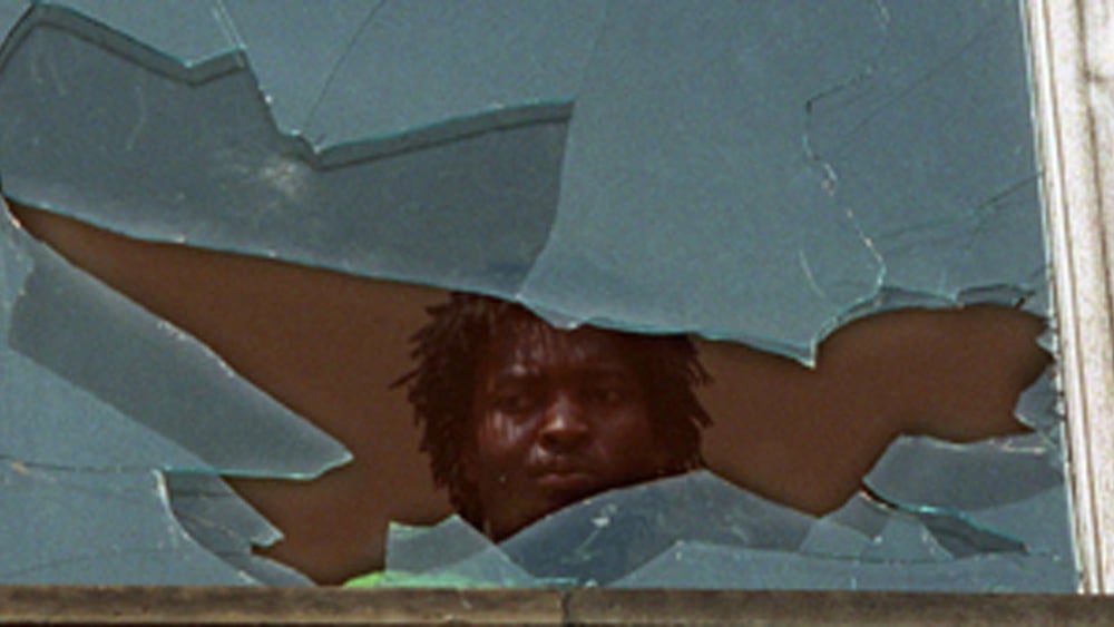 23. September 1991: Nach Angriffen auf eine Flüchtlingsunterkunft im sächsichen Hoyerswerda schaut ein Bewohner aus einem zerstörten Fenster: © Zentralbild / pa