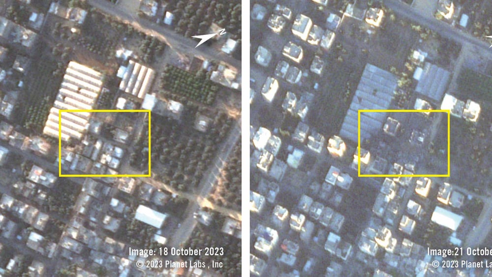 Die Satellitenbilder zeigen die Auswirkungen des Angriffs auf das Flüchtlingslager al-Nuseirat:  am 18. Oktober 2023, vor dem Angriff, und am 21. Oktober 2023, nach dem Angriff. Das Gebiet und viele der Strukturen scheinen stark zerstört worden zu sein. © 2023 Planet Labs