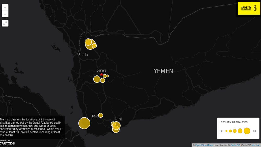 Karte mit 12 von Amnesty dokumentierten, völkerrechtswidrigen Luftangriffen der saudischen Koalition