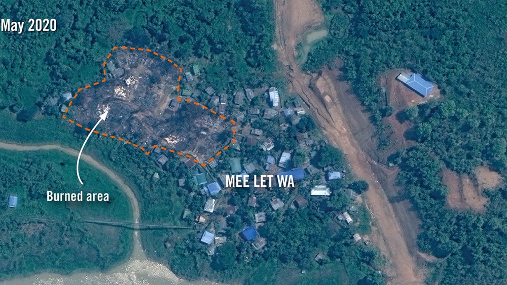 Satellitenbilder vom 30. Mai 2020 zeigen, dass ein grosser Teil des Dorfes Mee Let Wa im Bundesstaat Chin zerstört ist. © 2020 Maxar Technologies