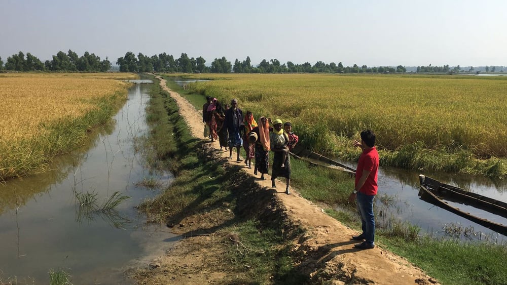 Rohingya-Flüchtlinge überqueren die Grenze von Bangladesch, nachdem sie sich die Nacht durch in einem Wäldchen versteckt hielten. 22. November 2016. © AI