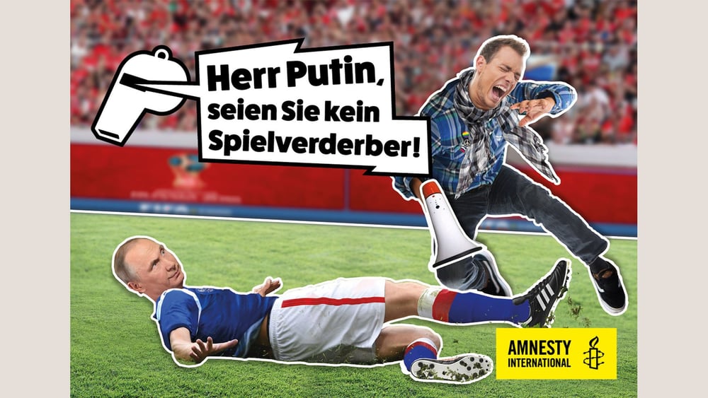 Amnesty International Schweiz führte während der WM 2018 eine Kampagne zum Schutz von MenschenrechtsverteidigerInnen in Russland. © AI