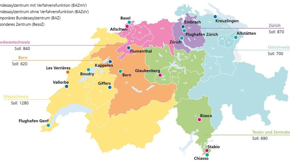 Die Bundesasylzentren in den sechs Regionen © SEM (www.sem.admin.ch)