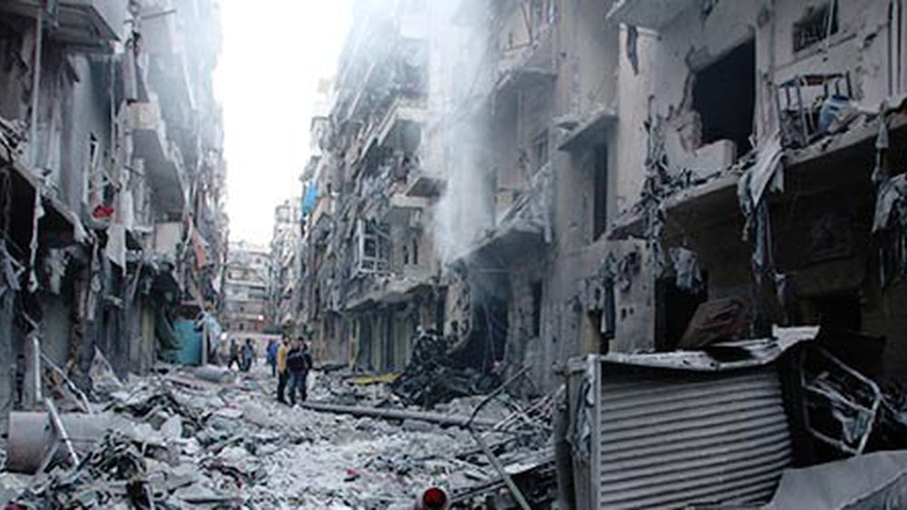 Aleppo: Das Quartier Salahideen Anfang April nach einem Angriff durch eine Boden-Boden-Rakete. © Amnesty International / Khalil Hajjar