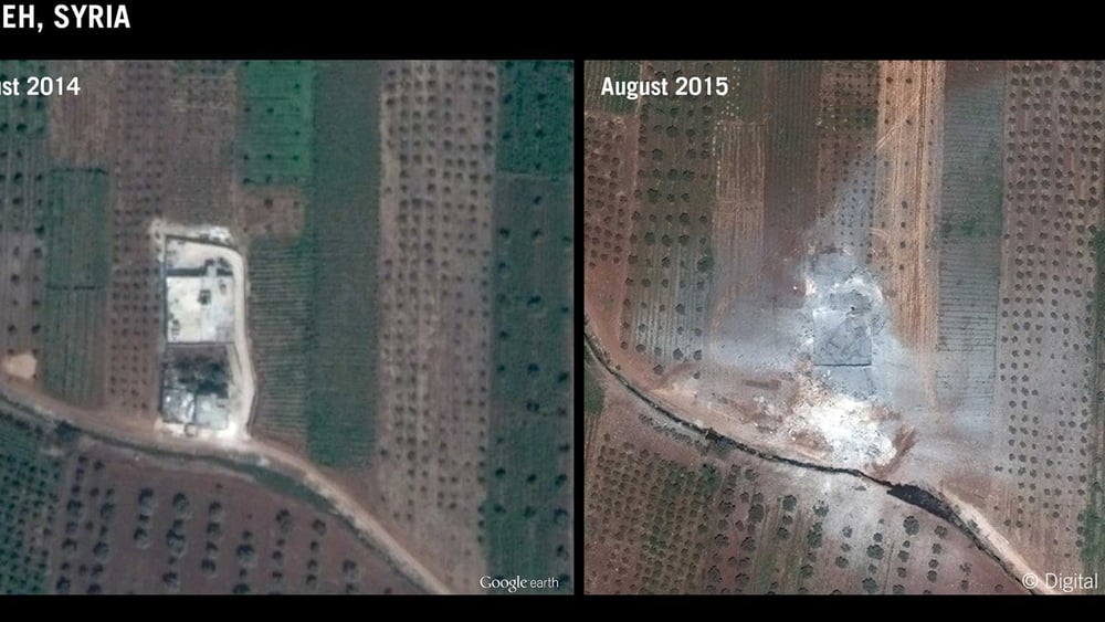Luftangriff auf Atmeh/Idlib, 11. Aug ust 2015: Ein Haus, in welchem sich zwei IS-Kämpfer befanden, und zwei von Zivilisten bewohnte Häuser wurden zerstört. © DigitalGlobe/Google Earth. Graphic produced by Amnesty International