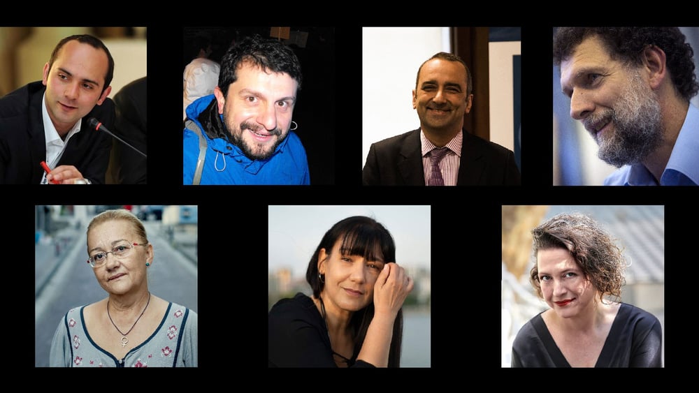 Die sieben Verurteilten v.l.n.r.  	Tayfun Kahraman, Can Atalay, Hakan Altınay, Osman Kavala, Mücella Yapıcı, Mine Özerden und Çiğdem Mater . © Amnesty International / Privat