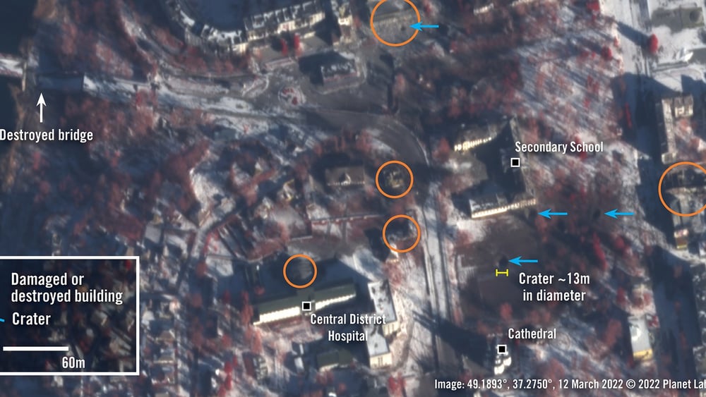 Satellitenaufnahme von Izium  am 12. März 2022 © 2022 Planet Labs Inc.