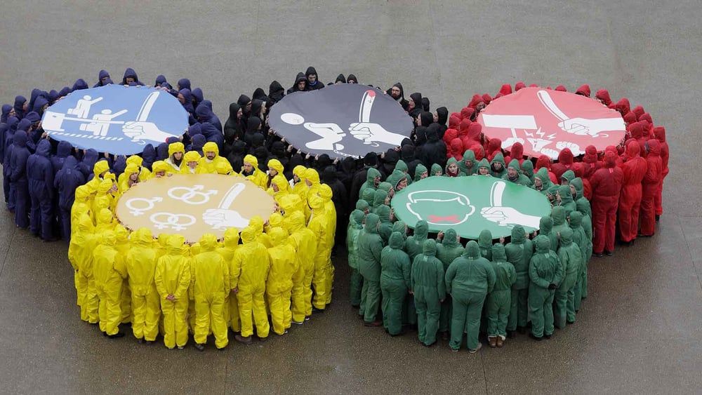 Protestaktion gegen die Menschenrechtsverletzungen im Vorfeld der olympischen Spiele in Sotschi, 2014. © l'oeilduplafond