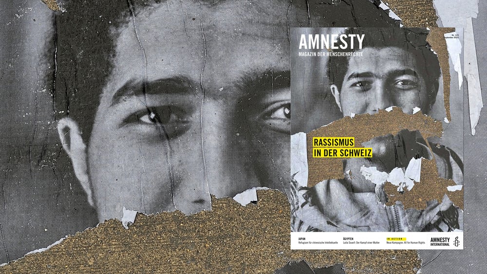 Ein Porträt eines Geflüchteten als Foto, das an mehreren Stellen angerissen sit.