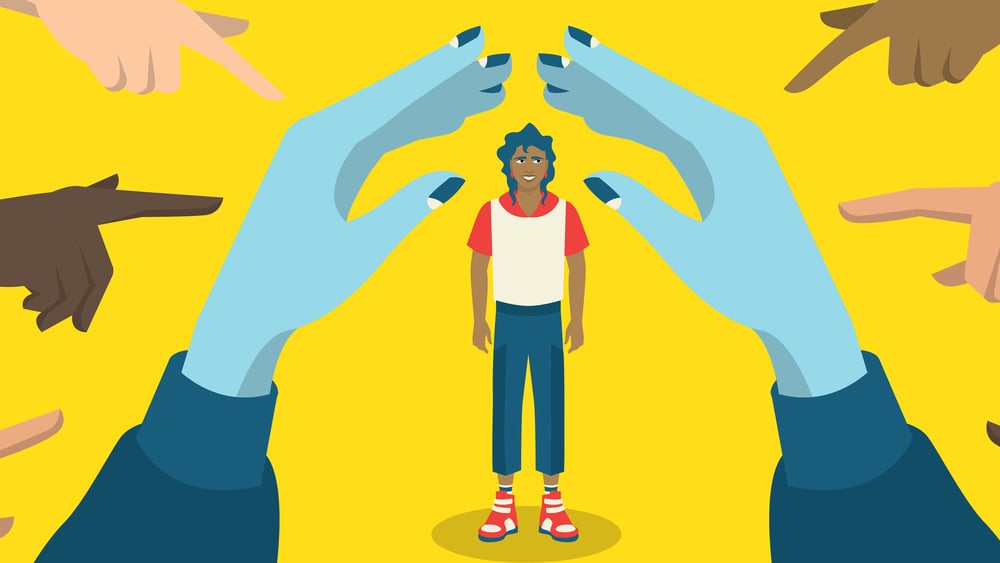 Illustration mit einem Menschen im Zentrum, der von schützenden Händen umgeben ist.