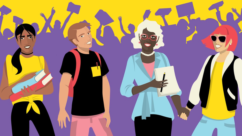 Illustration einer Gruppe von Personen mit Lernmaterial vor einer demonstrierenden Menge.