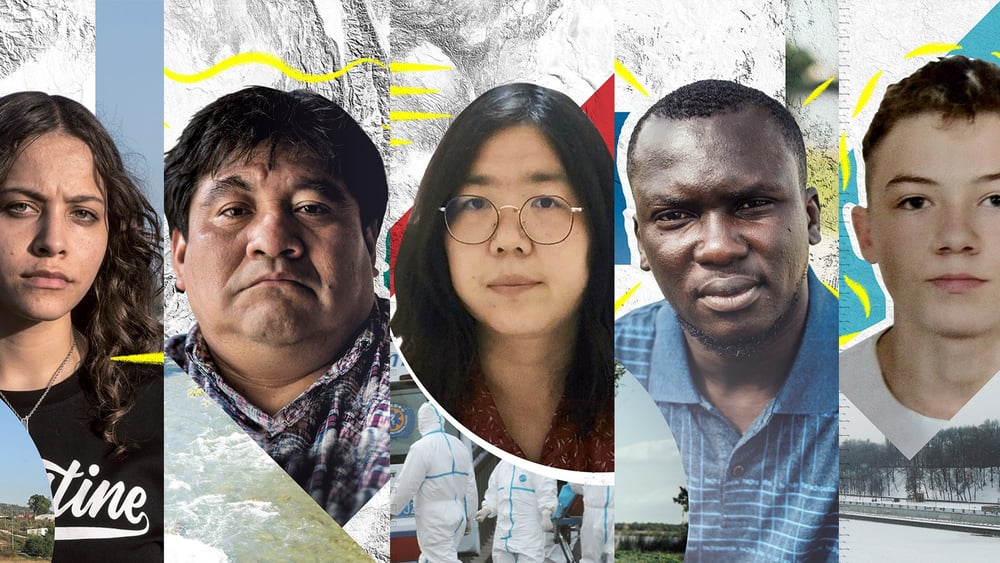 Von links nach rechts: Janna Jihad, Bernardo Caal Xol, Zhang Zhan, Imoleayo Michael und Mikita Zalatarou © Amnesty International