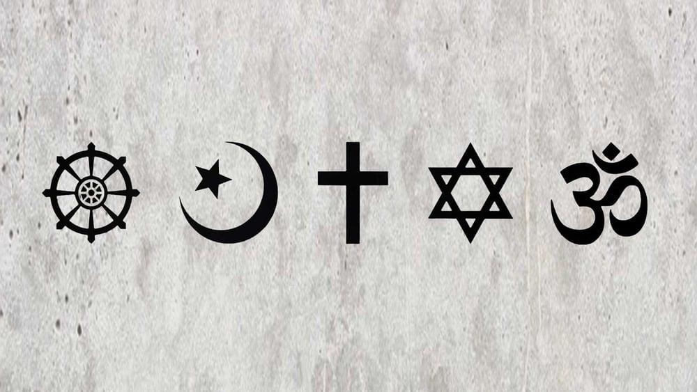 Symbole der Weltreligionen Buddhismus, Islam, Christentum, Judentum, Hinduismus