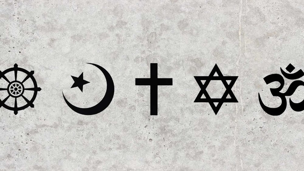 Symbole der Weltreligionen Buddhismus, Islam, Christentum, Judentum, Hinduismus