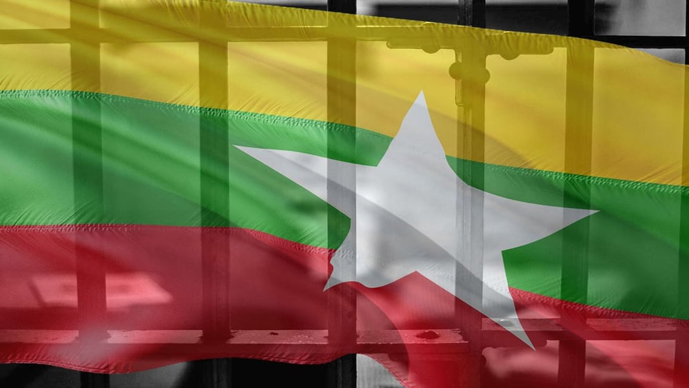 Symbolbild (Collage: Fahne von Myanmar & Gefängniszelle) © pixabay/AICH