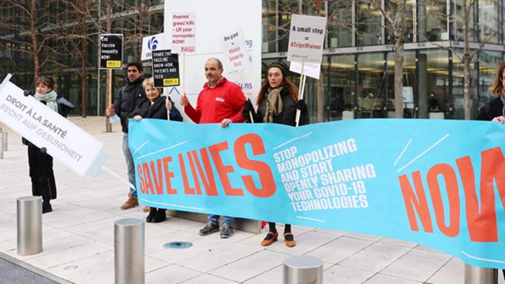 Aktion von Amnesty International, Alliance Sud und Public Eye vor der IFPMA in Genf © Patrick Gilliéron Lopreno