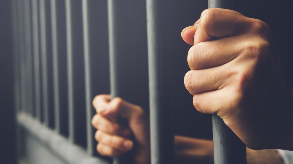 Zwei Hände, die Gitterstäbe festhalten
