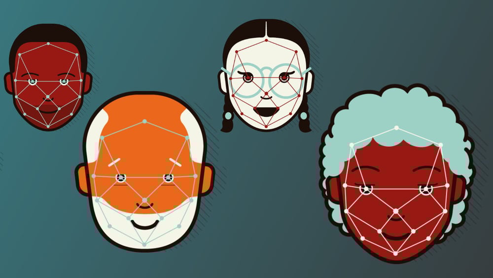 Eine Zeichnung von verschiedenen Gesichtern, über welchen Vermessungslinien liegen