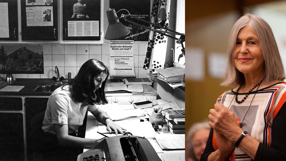 Sie engagiert sich mit Leib und Seele für die Menschenrechte: Marta Fotsch, 1977 in ihrem Büro bei sich zu Hause und 2016 an der Amnesty-GV. © AI
