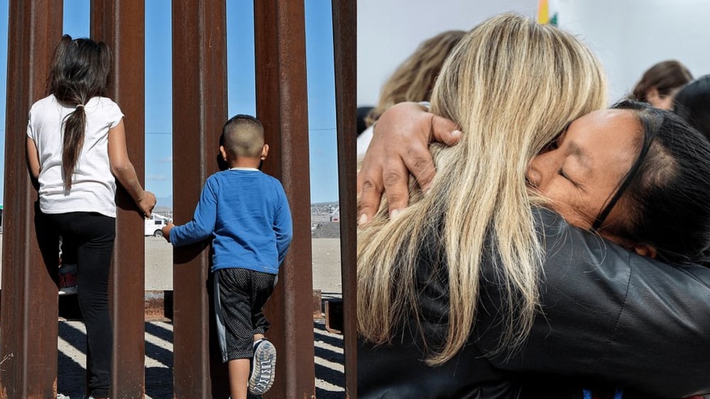 Des enfants derrière une barrière et deux femmes émues se faisant un câlin.