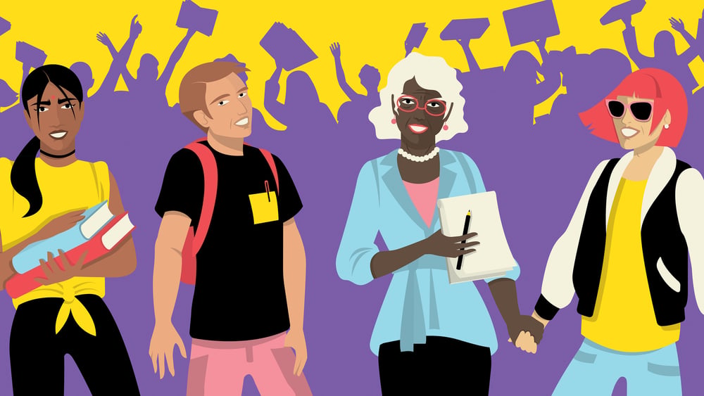 Illustration, die 4 Personen mit «Bildungs-Accessoires» zeigt