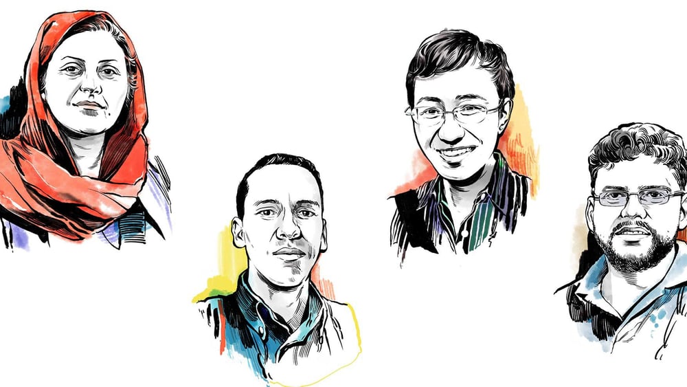 Quatre personnes courageuses qui ont payé pour leurs opinions : Golrokh Ebrahimi Iraee, Mohamd Cheikh Ould Mkhaïtir, Maria Ressa et Shakthika Sathkumara. ©André Gottschalk