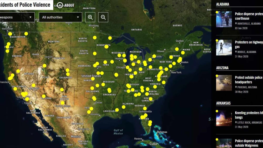 Amnesty International a recensé 125 cas de violences policières contre des manifestant·e·s dans 40 États et le district de Columbia entre le 26 mai et le 5 juin 2020 aux États-Unis. ©Ai