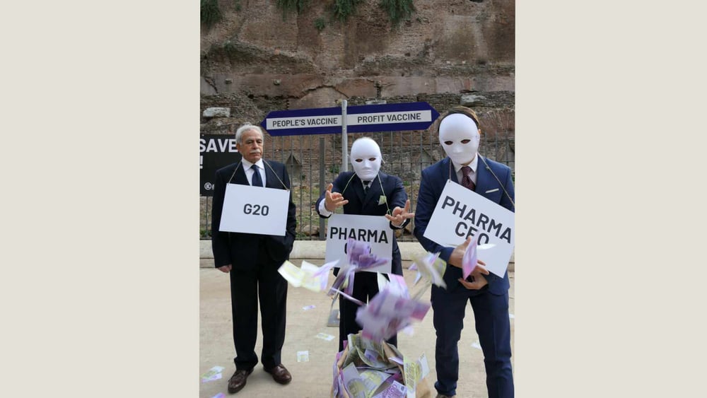 En marge du G20 qui s’est tenu à Rome, la Section italienne d’Amnesty a dénoncé une politique vaccinale basée sur le profit. © Amnesty Italie