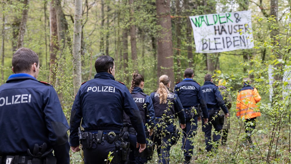Les moyens mobilisés pour déloger les activistes qui occupaient la forêt de Rümlang le 20 avril 2023 étaient disproportionnés. © DR