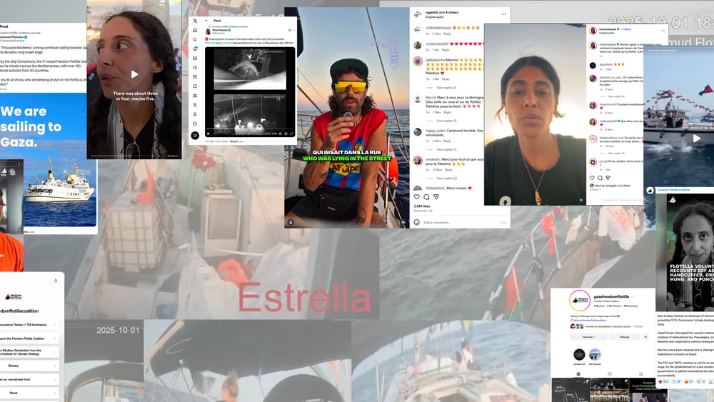 Les comptes officiels, mais également ceux des participant·e·x·s aux flottilles pour Gaza et les nombreuses personnes qui partagent leurs contenus participent à l’amplification du mouvement sur les réseaux sociaux. © Captures d’écran Instagram, Youtube, TikTok, et X