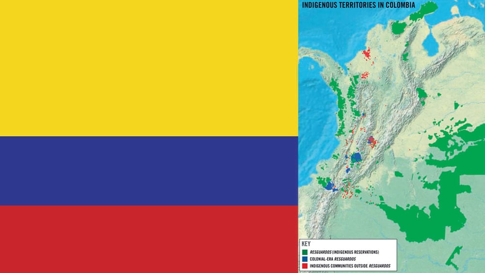 Drapeau de la Colombie (à gauche), carte des territoires indigènes en Colombie
