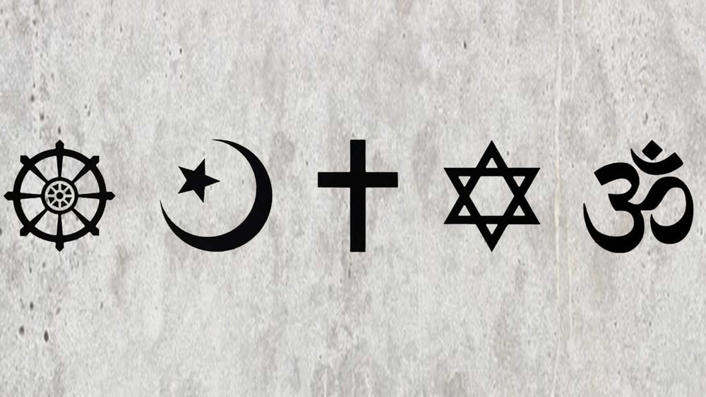 Symboles des religions du monde: bouddhisme, islam, christianisme, judaïsme, hindouisme)