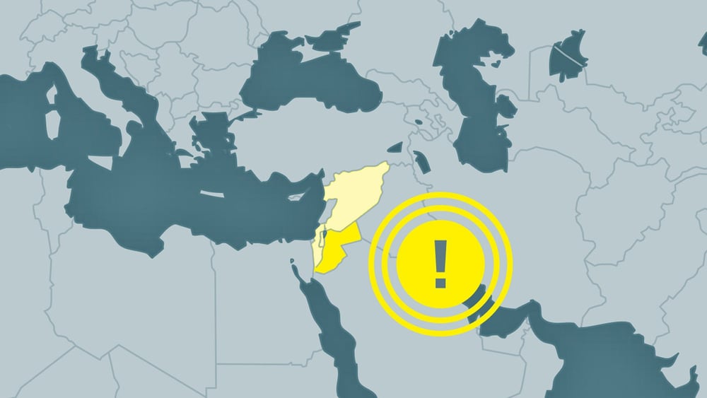 Jordan. Syrie au nord (jaune clair), Israël/TPO à l'ouest (jaune clair) © Amnesty International