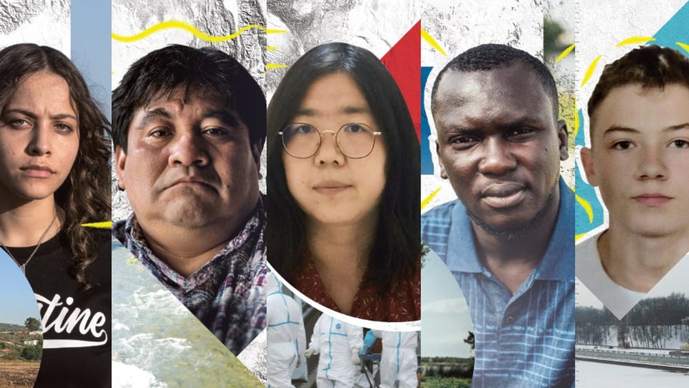 De gauche à droite : Janna Jihad, Bernardo Caal Xol, Zhang Zhan, Imoleayo Michael et Mikita Zalatarou ©AI