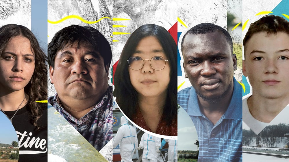 De gauche à droite : Janna Jihad, Bernardo Caal Xol, Zhang Zhan, Imoleayo Michael und Mikita Zalatarou ©AI