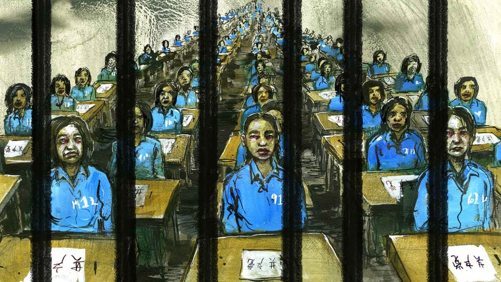 Des détenu·e·s dans une «salle de classe», dans laquelle la culture chinoise leur est inculquée. © Molly Crabapple. Autres illustrations du rapport: cliquez sur l'image.