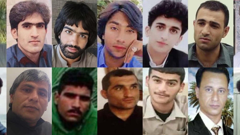 De gauche à droite: Ali Mojadam, Mansoureh Dahmardeh, Ebrahim Narouie, Shoeib Mirbaluchzehi Rigi, Kambiz Khorout, Arash (Sarkawt) Ahmadi, Mansour Hout, Nezamoddin Hout, Habib Deris, Moein Khanfari, Mohammad Reza Mojadam, Seyed Adnan Mousavi, Hassan Abyat et Seyed Salem Mousavi. © DR