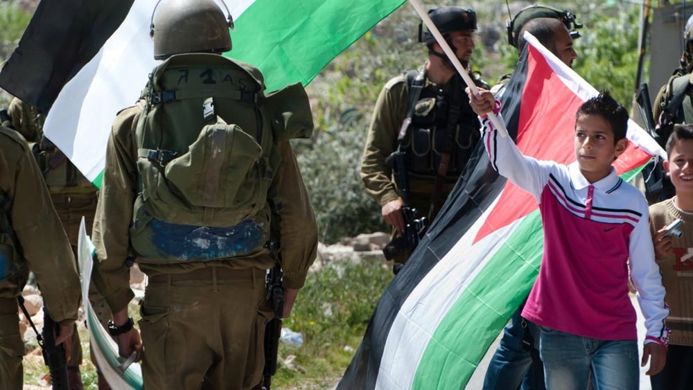 Un garçon palestinien brandit un drapeau en face d’un soldat israélien, lors d’une manifestation contre la barrière de séparation à Al-Masara. © Ryan Rodrick Beiler / Shutterstock.com