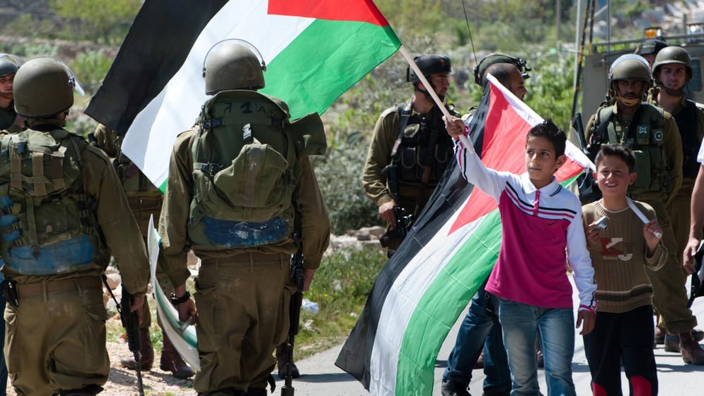 Un garçon palestinien brandit un drapeau en face d’un soldat israélien, lors d’une manifestation contre la barrière de séparation à Al-Masara. © Ryan Rodrick Beiler / Shutterstock.com