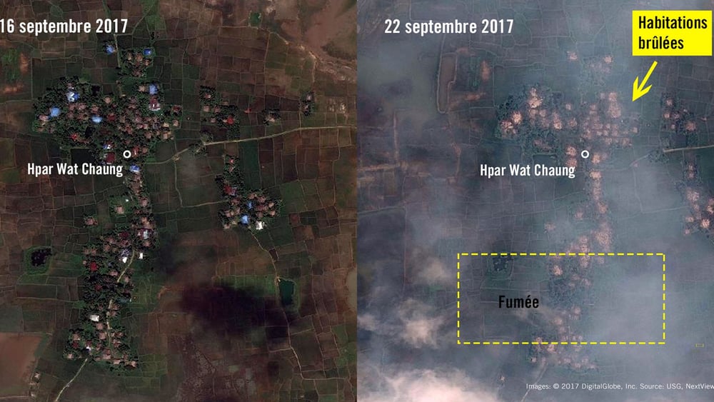 Hpar Wat Chaung, au nord du Myanmar. Entre le 16 et le 22 septembre 2017, le village a été complètement rasé. © 2017 DigitalGlobe, Inc. Source: USG, NextView License