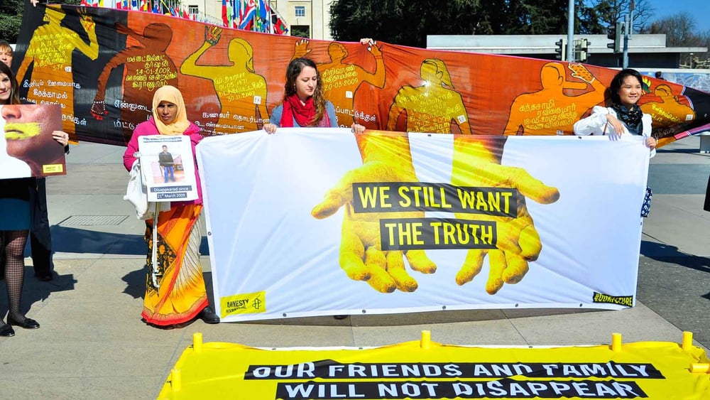 Également devant l'ONU à Genève, des Sri Lankais ont manifesté contre la disparition. ©  AI / Jean-Marie Banderet