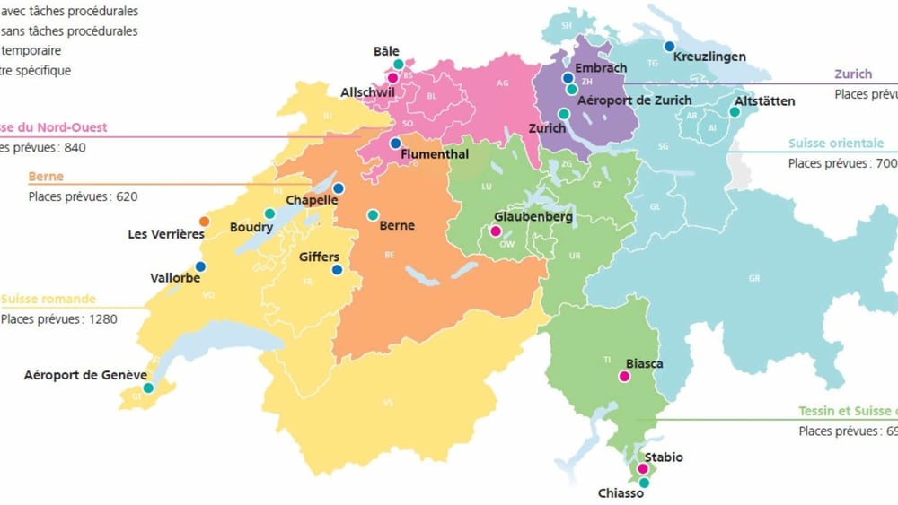 Les centres pour requérant·e·s d'asile dans six régions de la Suisse. © SEM (www.sem.admin.ch)