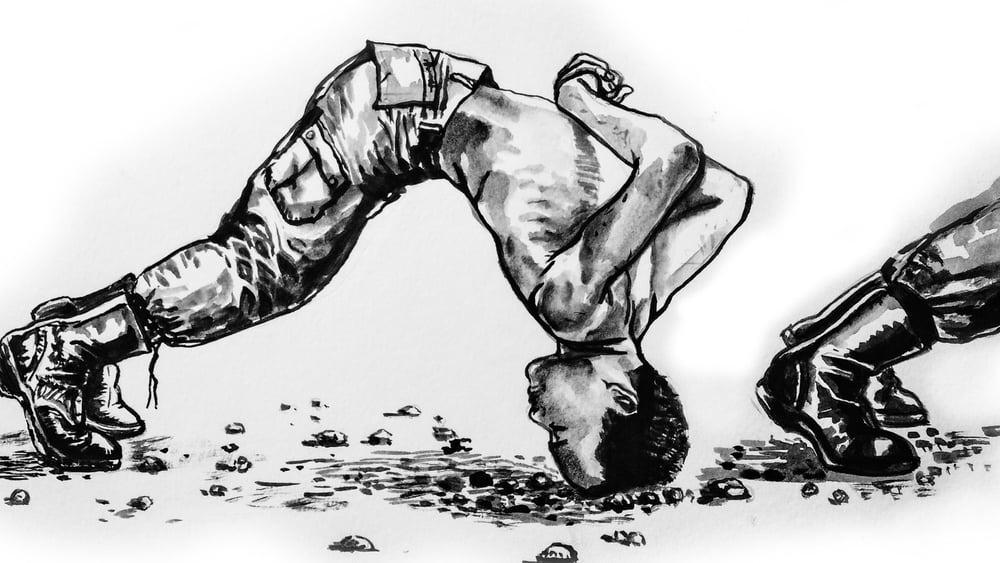Le «head dip» est une forme de punition abusive souvent infligée aux conscrits. On leur dit de tenir la position, souvent la tête nue sur du béton chaud ou du tarmac, pendant une demi-heure. © Wana Wanlayangkoon