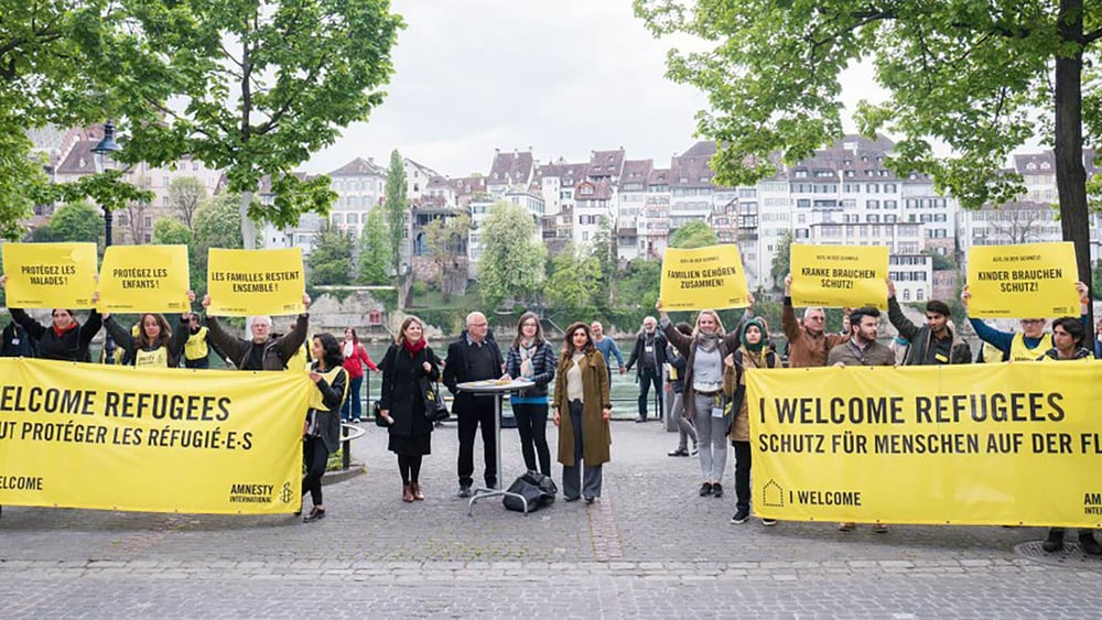 Action pour le lancement de l'appel contre l'application aveugle du règlement Dublin pendant l'AG 2017 d'Amnesty Suisse.© Mario Heller /Amnesty International Suisse